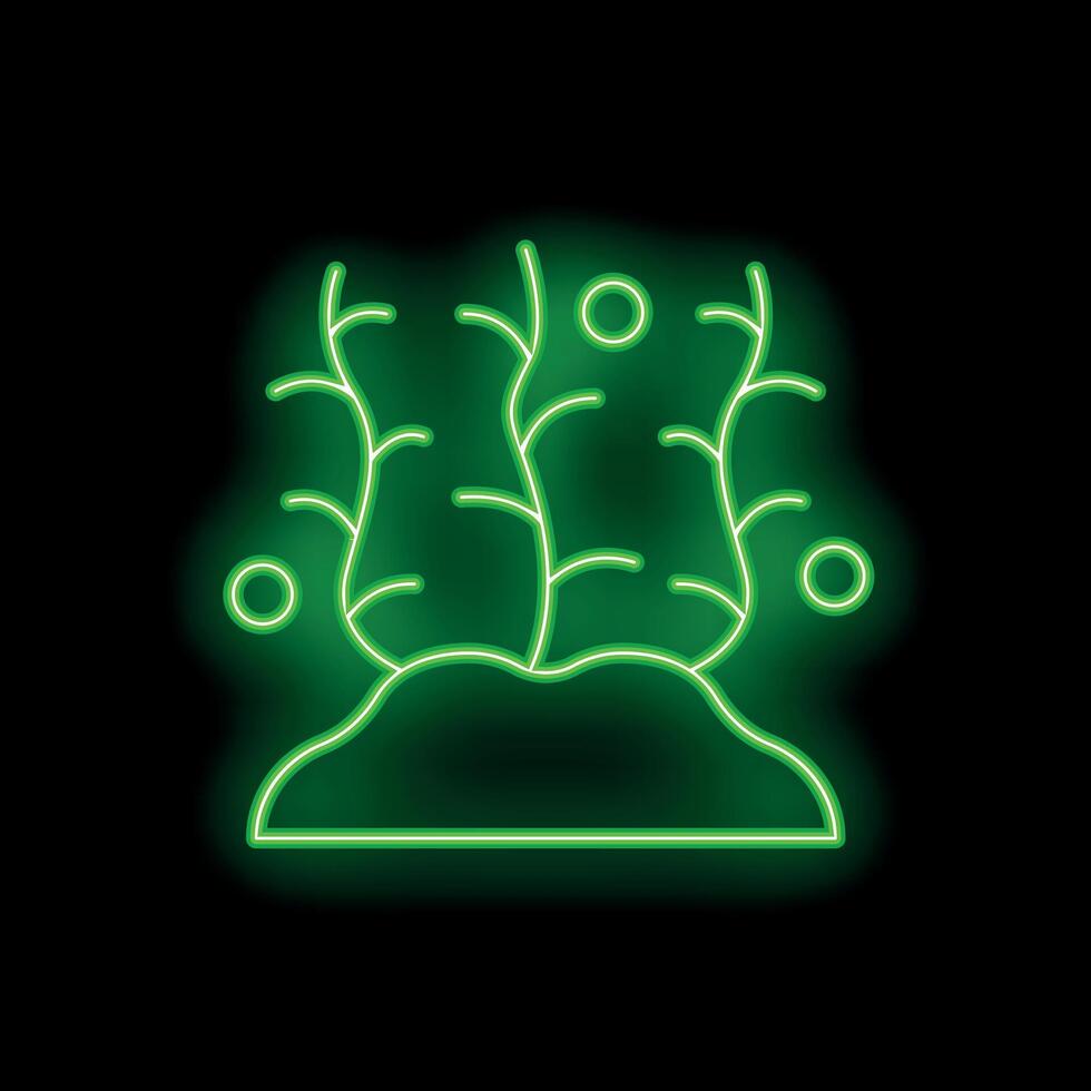Green neon sign showing three bushes growing on a hill at night on black background vector
