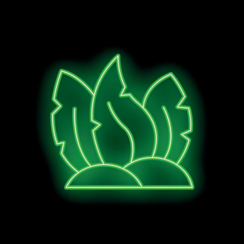 Green neon sign showing three large leaves growing from the ground vector