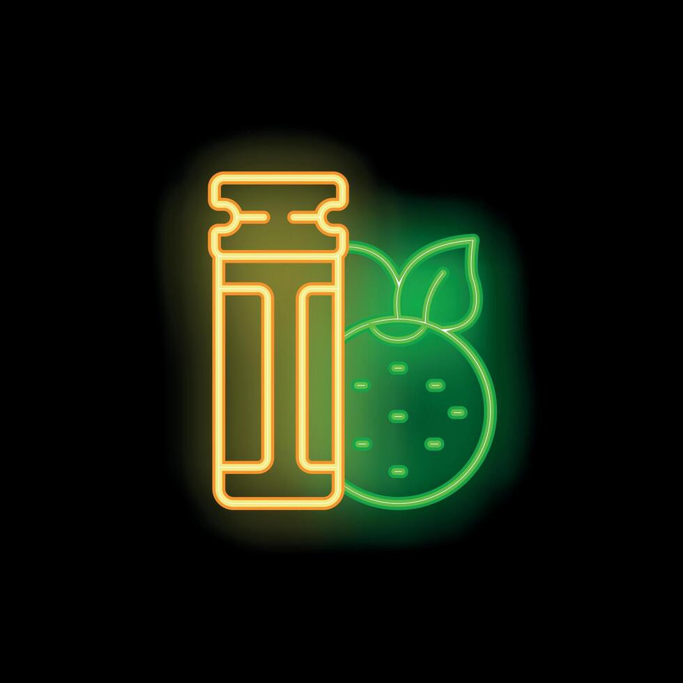 Neon style orange juice bottle glowing on dark background vector