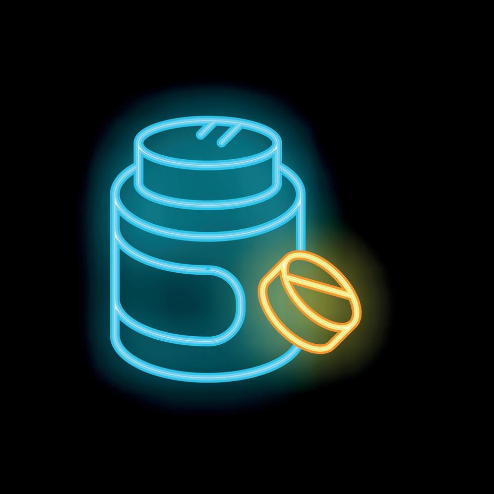 Neon sign of medical pills bottle with open lid on black background vector