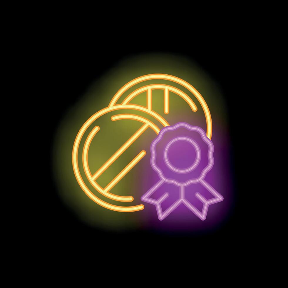 Neon sign depicting two round medals with a bright glowing ribbon, symbolizing achievement and victory vector