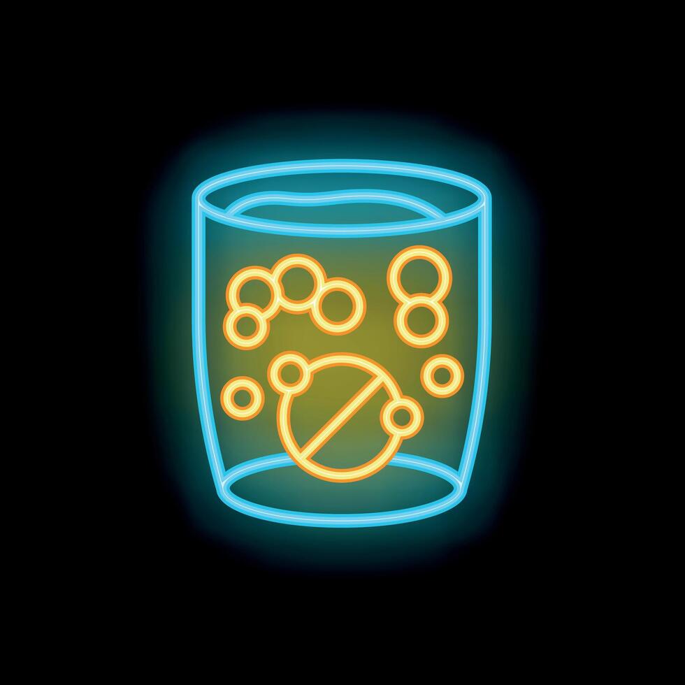 Neon sign of effervescent pill dissolving in glass of water vector