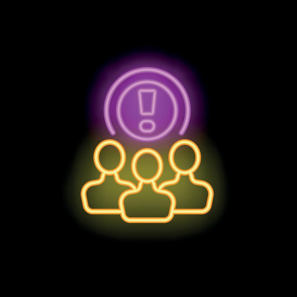 Group of people standing under exclamation mark neon sign vector
