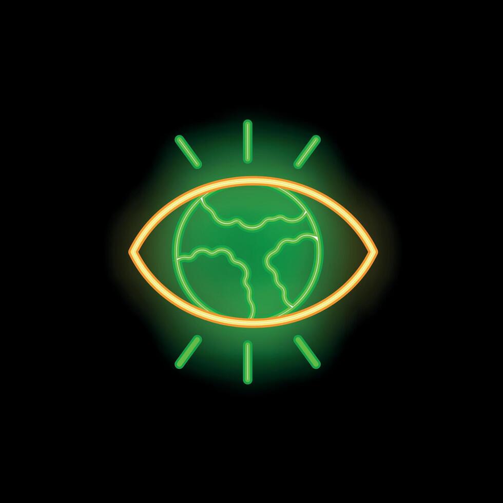 Neon sign of an eye with shining rays looking at planet earth vector