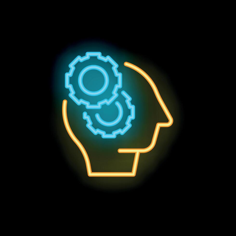 Neon sign representing human head with cogwheels working vector