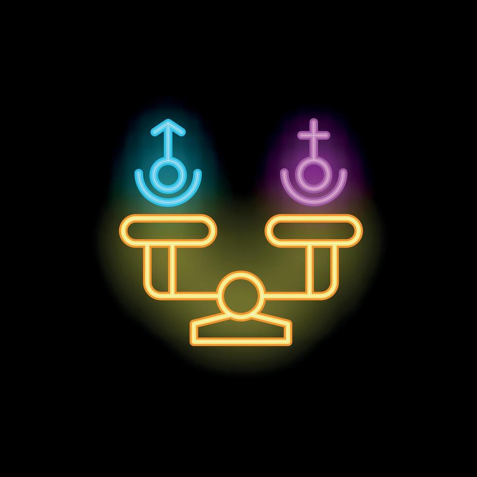 Neon sign representing gender equality with balance scale vector