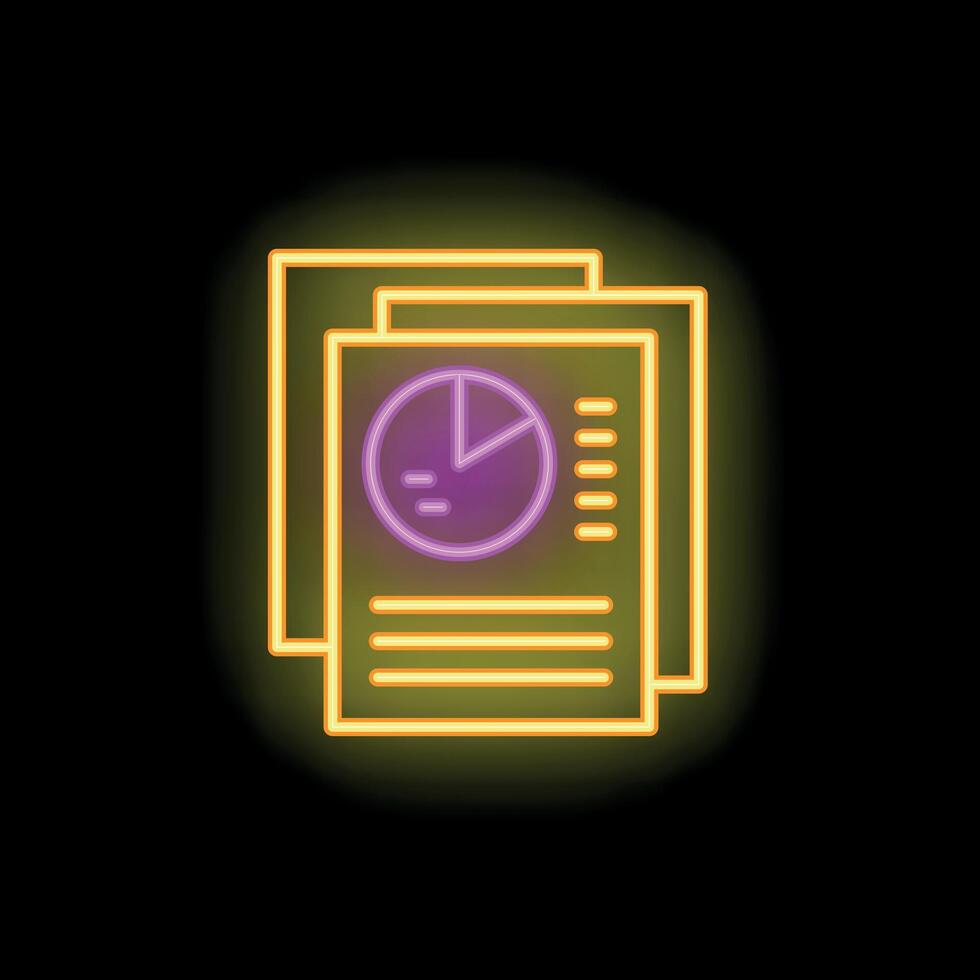 Neon icon of documents with charts representing business reports and data analysis vector