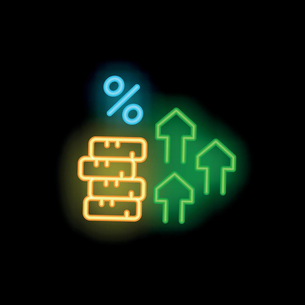 Neon sign representing increasing interest rate with stack of coins and up arrows on black background vector