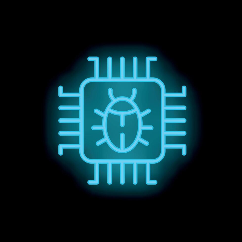 Neon icon of computer chip containing malware bug spreading through circuitry vector