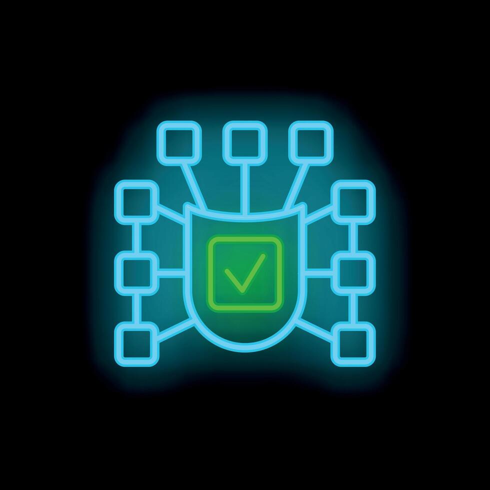 Neon cyber security icon showing network protection with checkmark vector