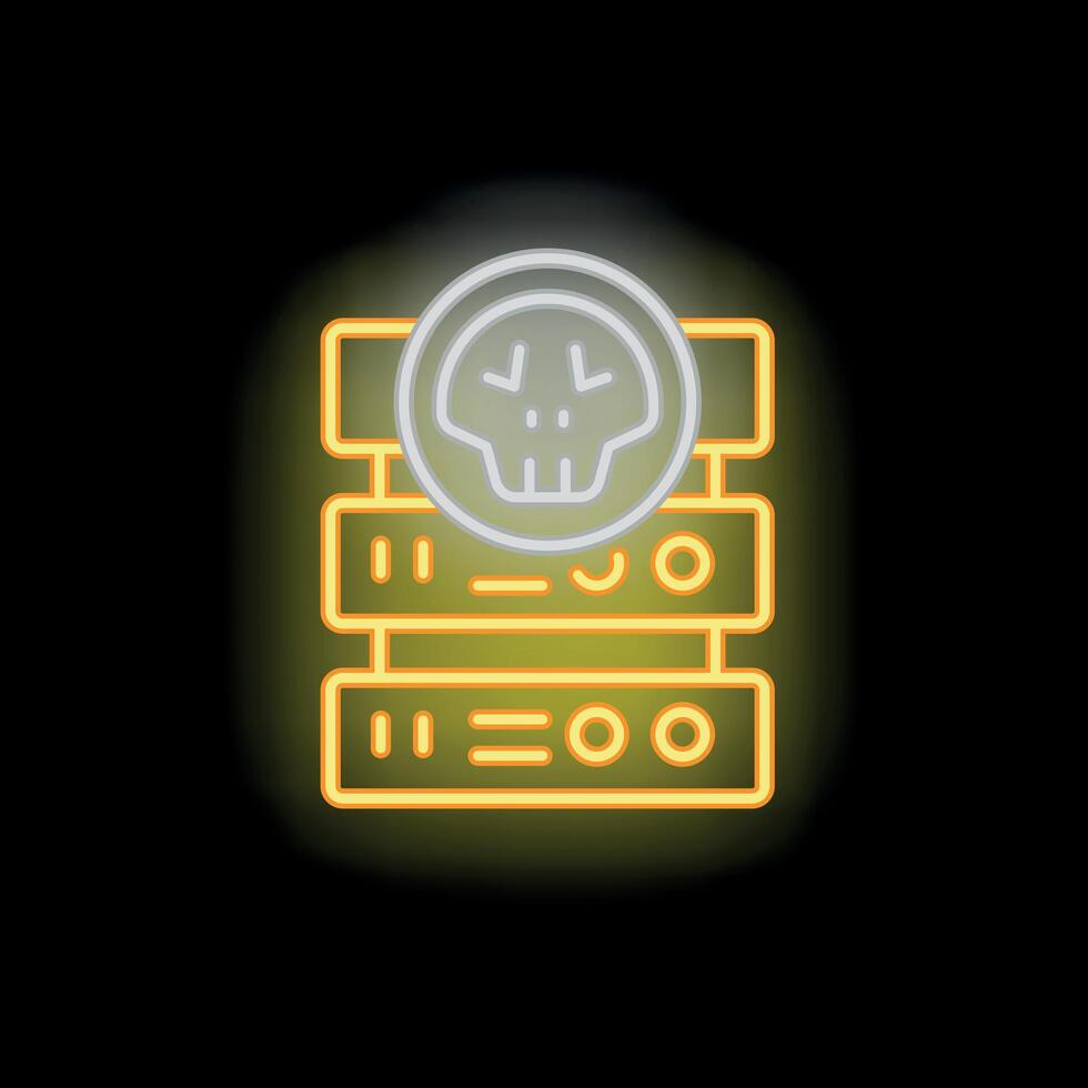 Neon icon representing server crash with skull symbol vector