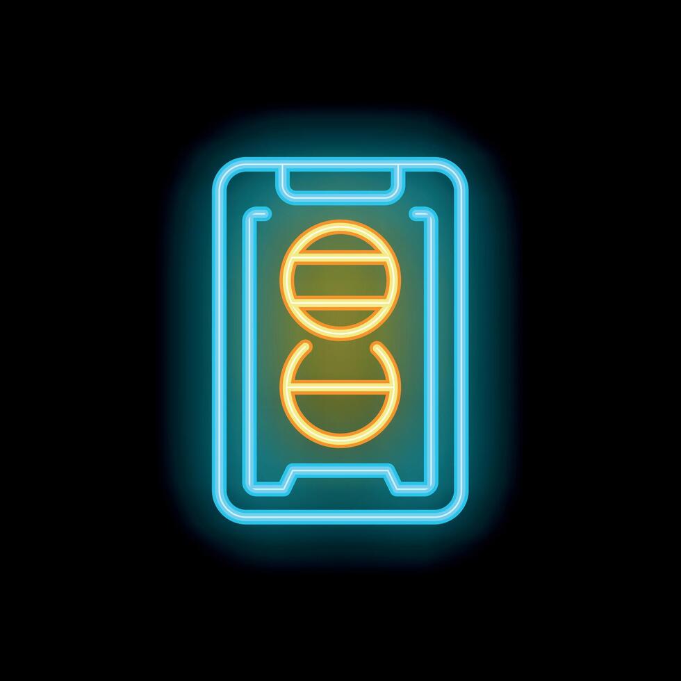 Neon icon of smartphone showing battery charging on dark background vector