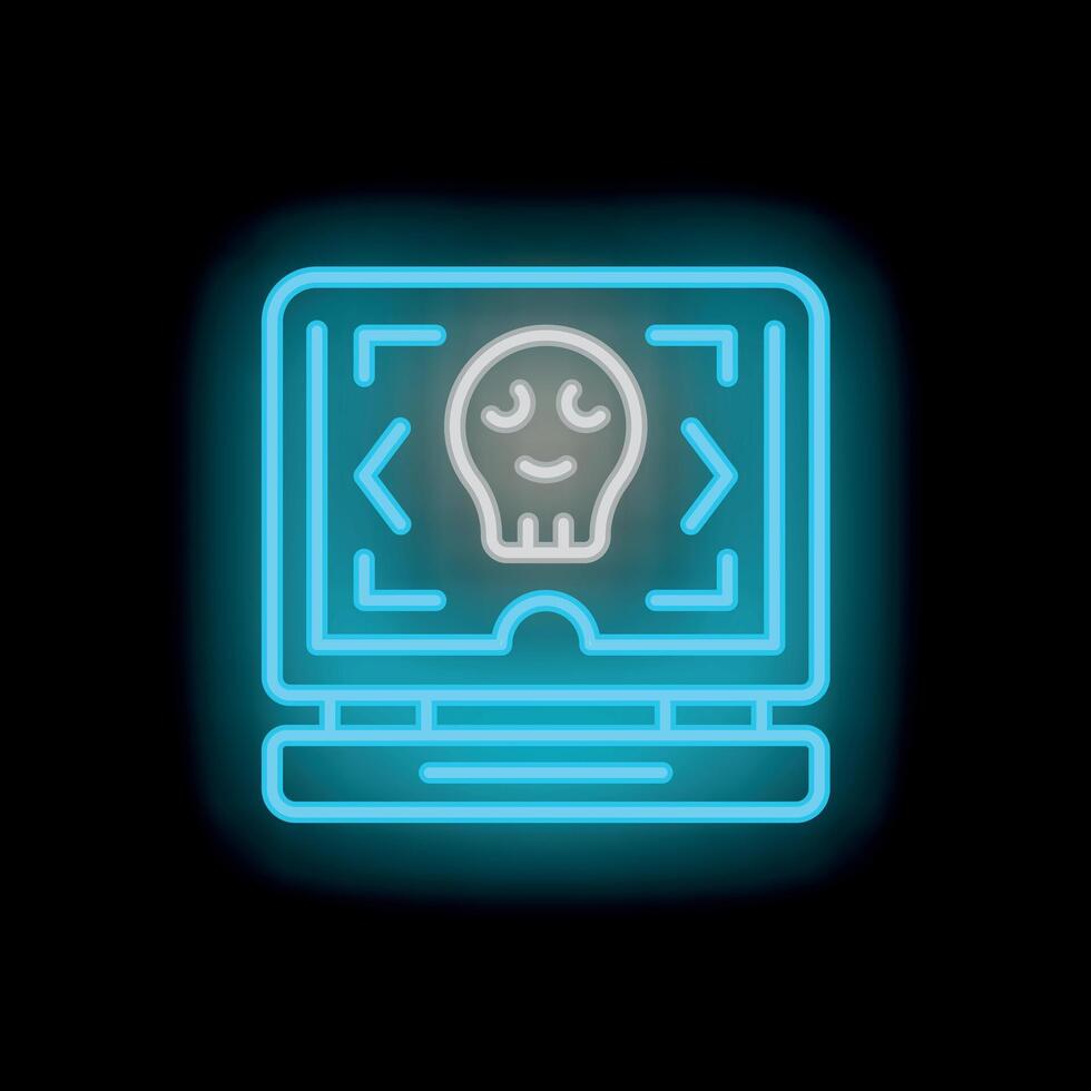 Neon cyber security icon showing laptop with skull and target vector