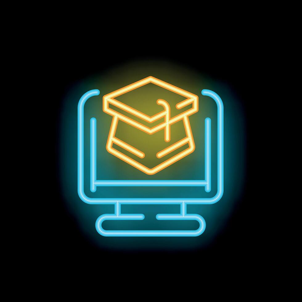 Neon icon of graduation hat displaying on computer screen for online education concept vector