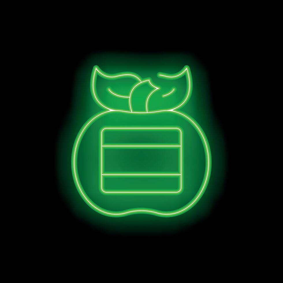 Green neon sign of an apple with a battery indicator displaying a full charge status vector