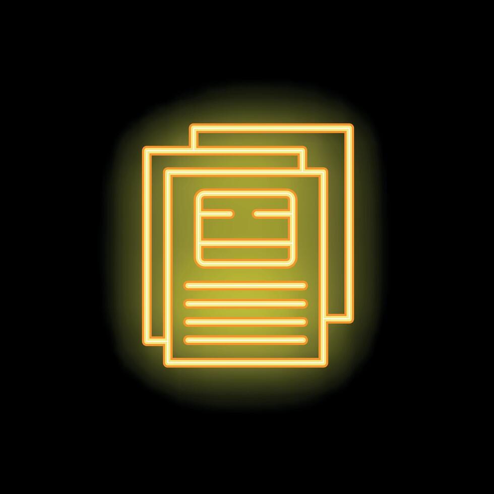 Neon icon of documents with credit card information glowing on black background vector