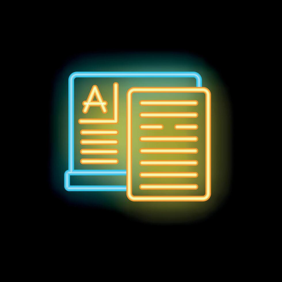 Neon icon of digital document displaying editing process on black background vector