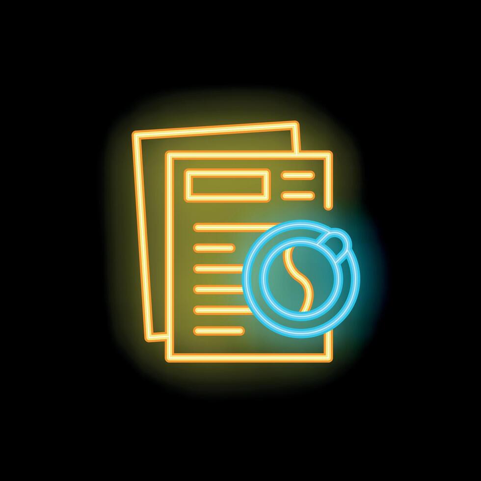 Neon sign of coffee cup and papers representing working late vector