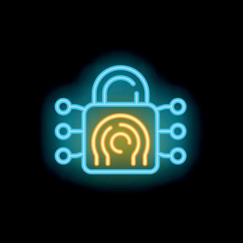 Neon padlock icon representing cybersecurity and data protection vector