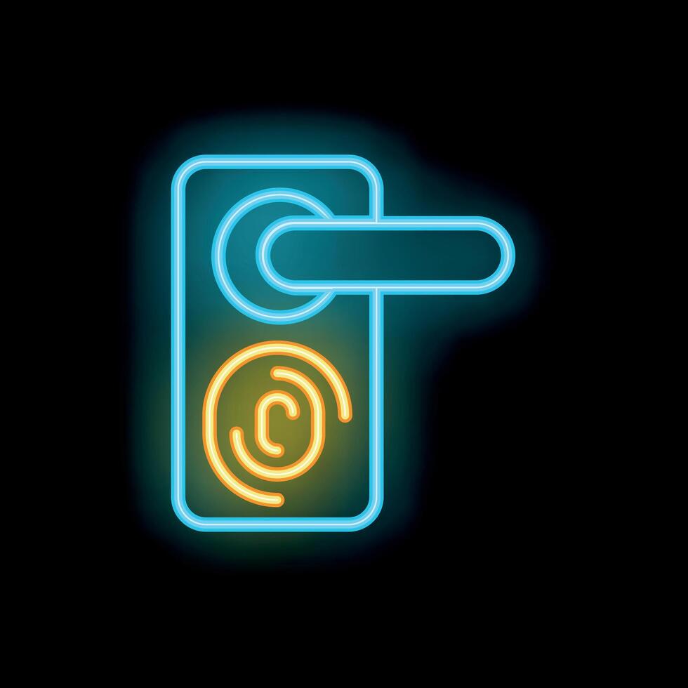 Glowing neon line fingerprint door lock icon on a black background vector