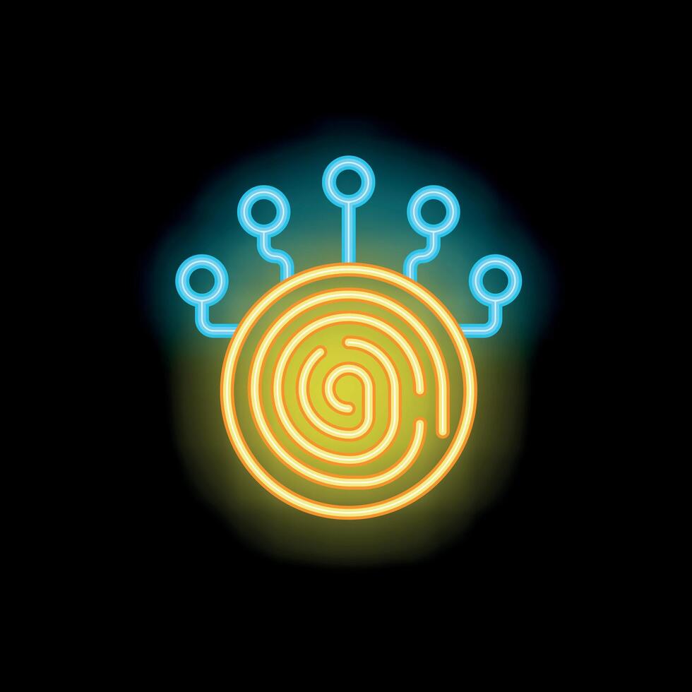 Neon icon of fingerprint connected to network representing cybersecurity concept vector