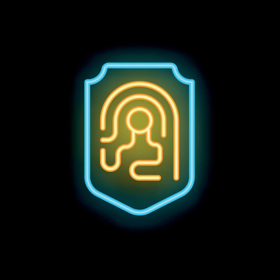 Neon shield protecting fingerprint icon on black background vector