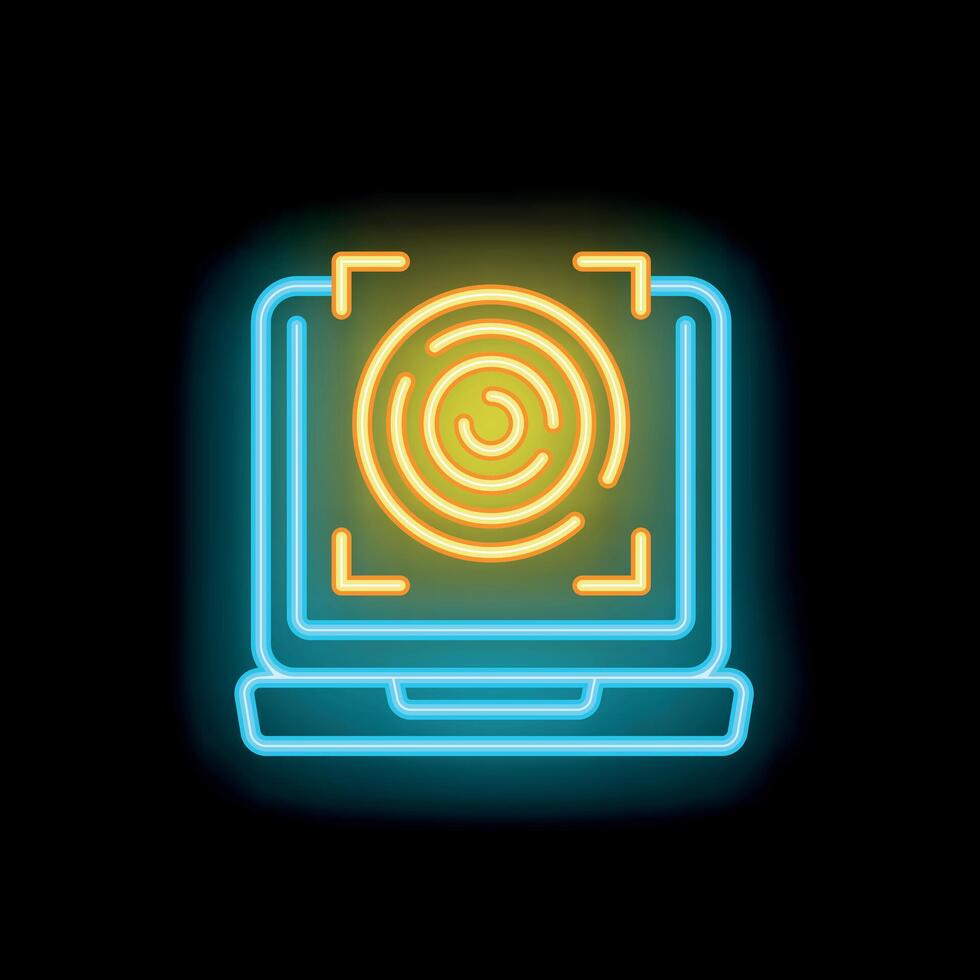 Laptop scanning fingerprint access with hud interface neon sign on black background vector