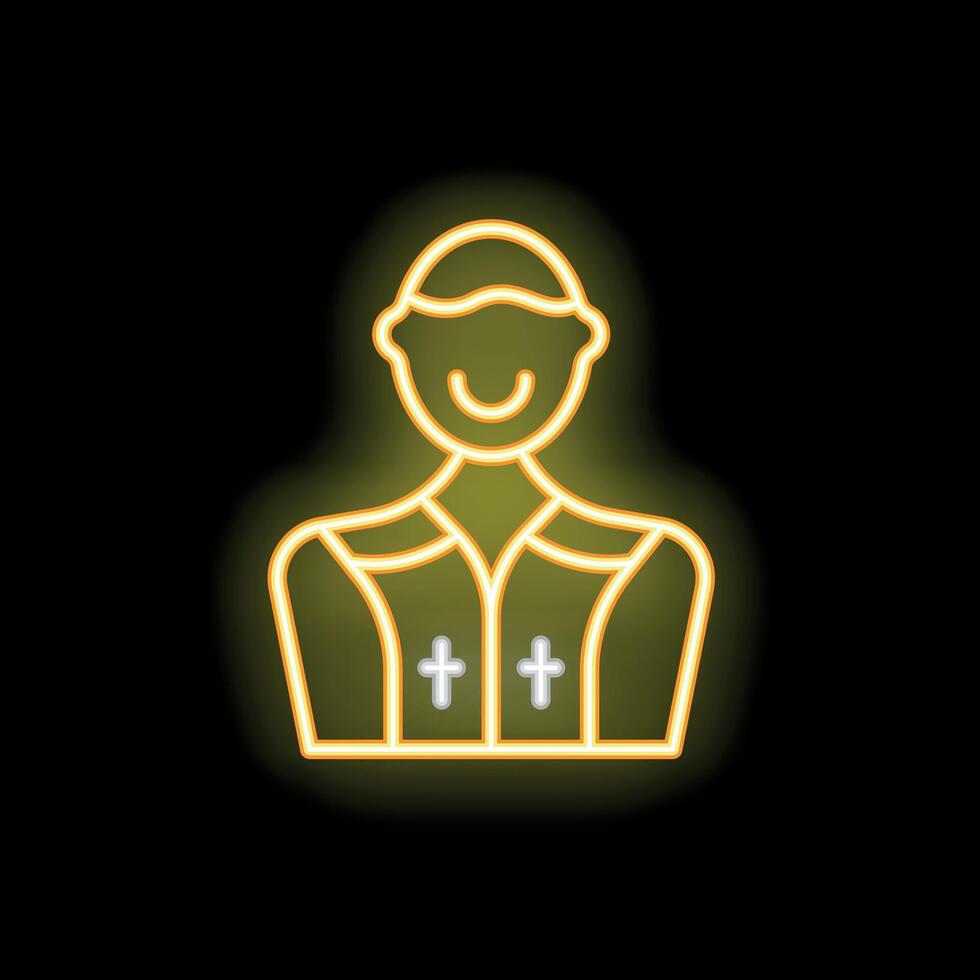 Yellow neon icon of a smiling priest with a cassock on a black background vector