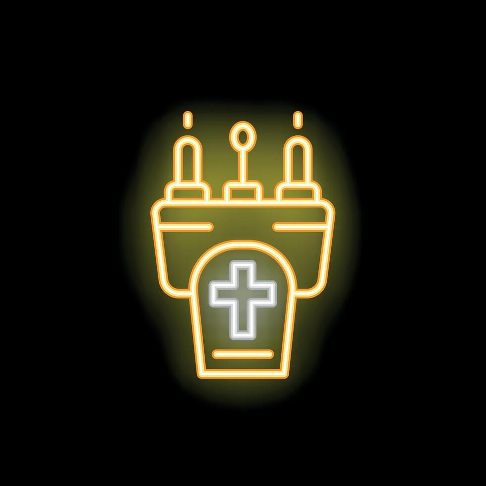 Neon sign showing a graveyard tombstone with a cross and three candles burning in the dark vector