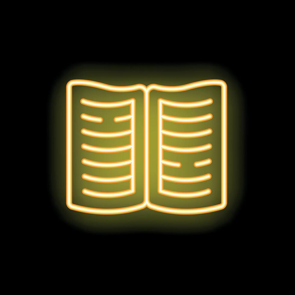 Open book glowing yellow neon sign on black background vector