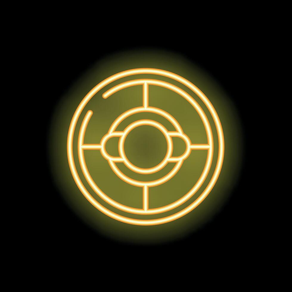 Yellow neon icon of a radar with three dots on a black background vector