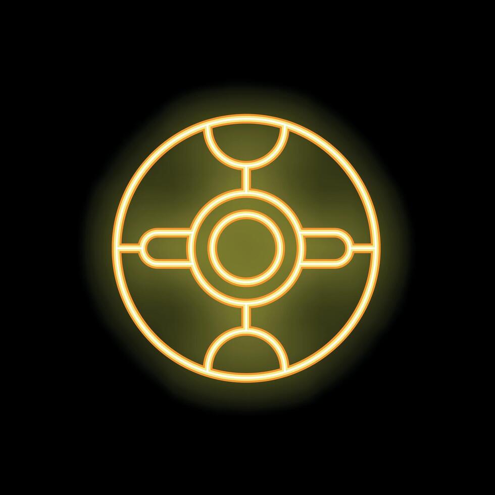 Neon yellow round glowing shield icon on black background vector