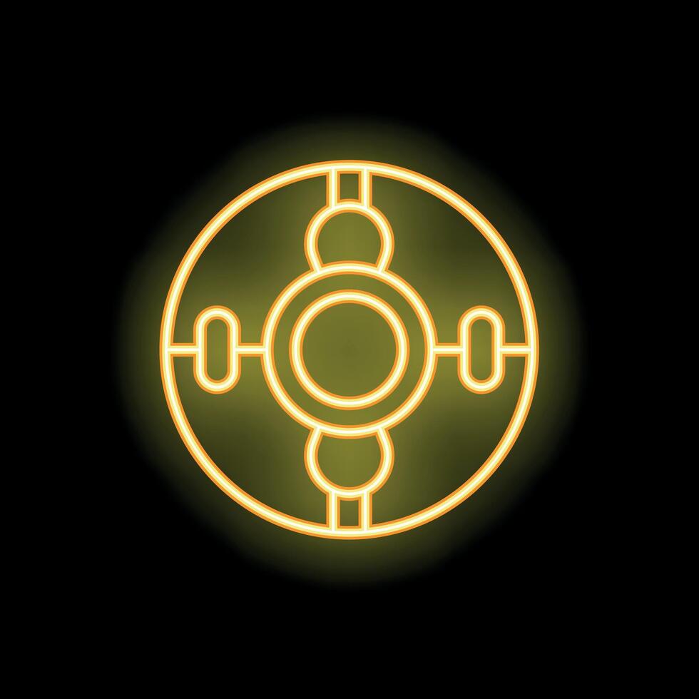 Neon icon of spaceship flying in space with glowing windows on black background vector