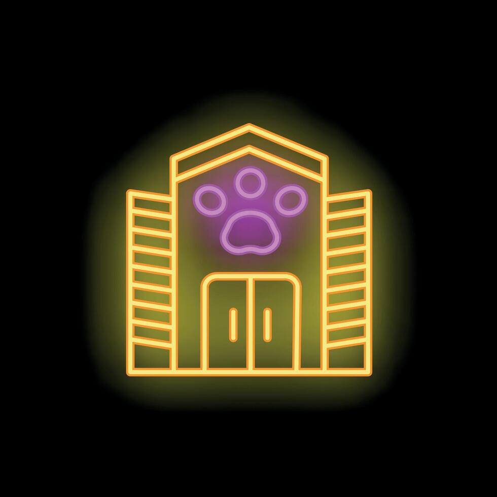 Neon sign depicting building with paw print for veterinary or pet shop vector