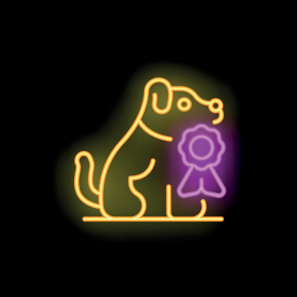 Neon dog sitting and holding a big rosette in its mouth on a black background vector