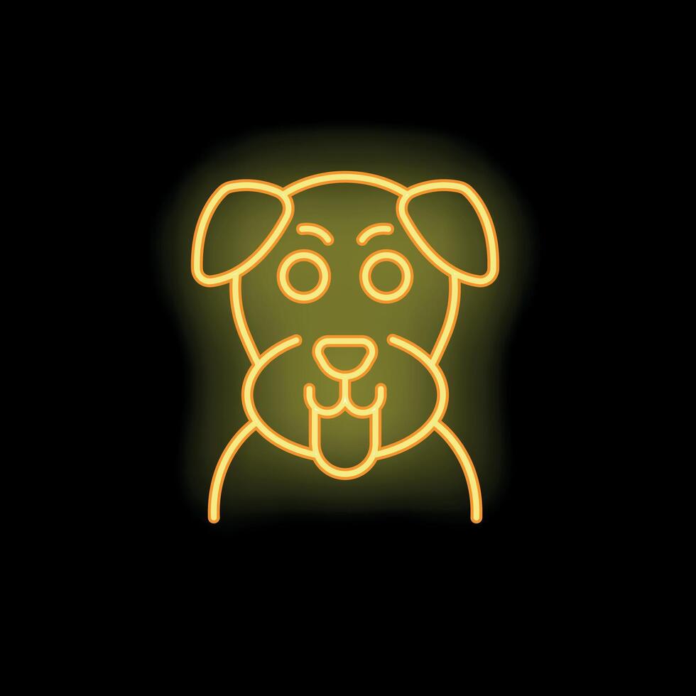 Yellow neon sign of a dog sticking out its tongue on a black background vector