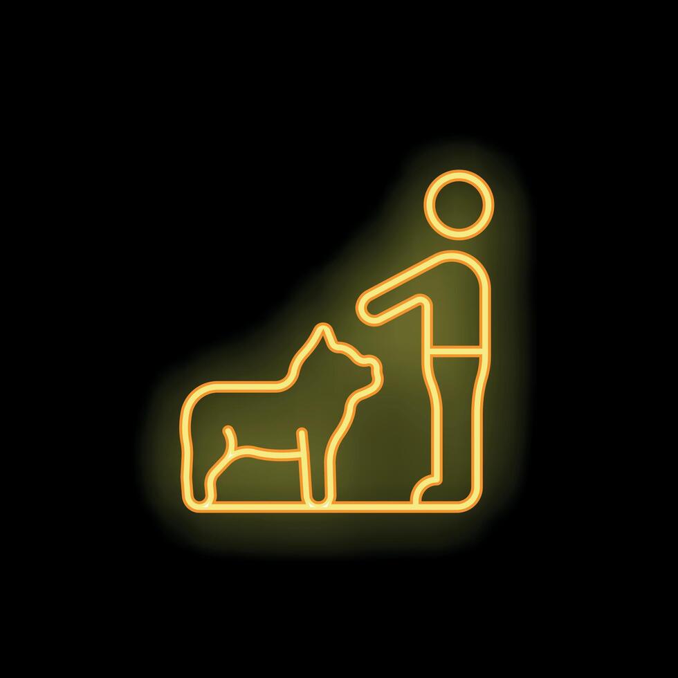 Neon icon of a man petting a dog with glowing lines on black background vector