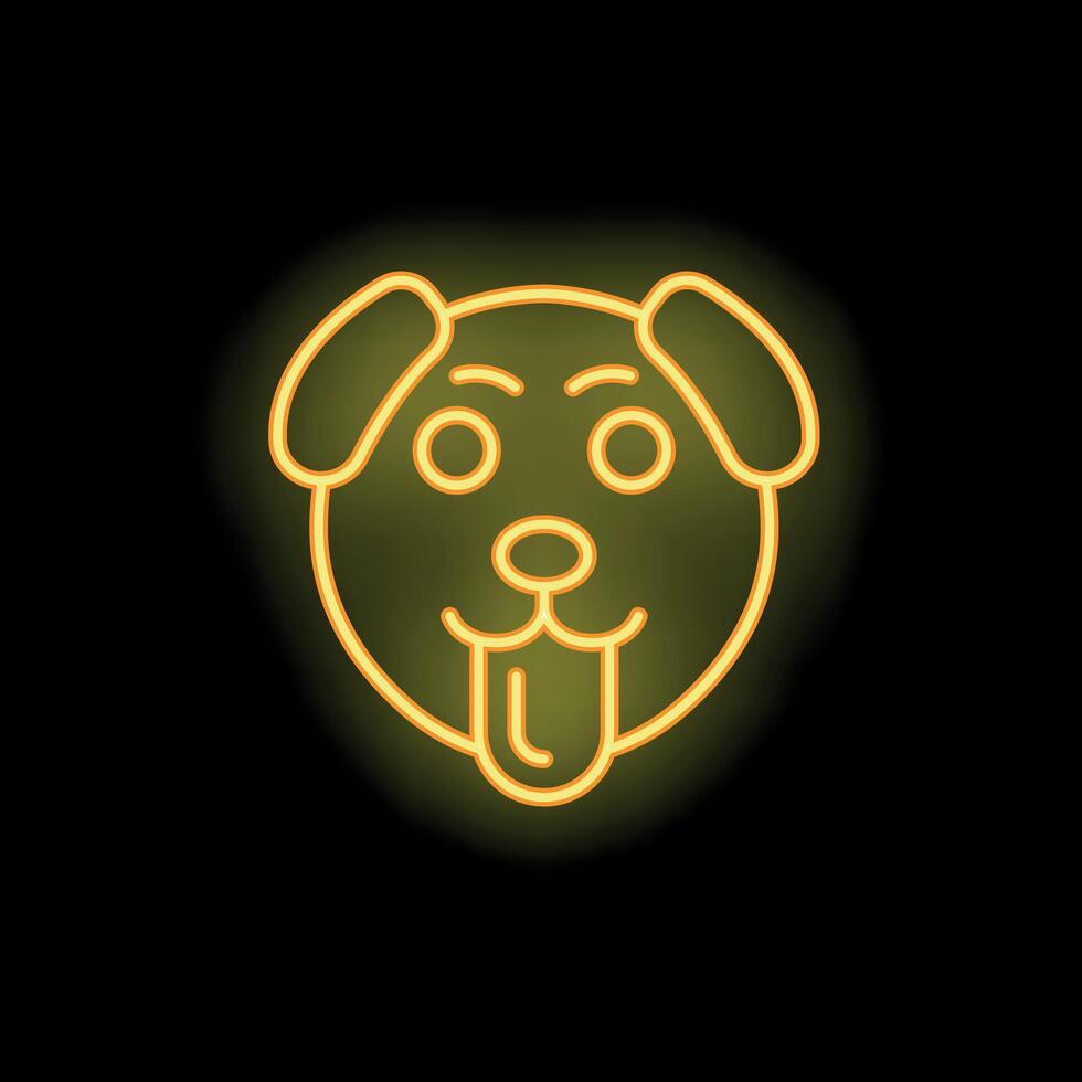 Yellow neon dog face icon sticking out tongue on black background vector