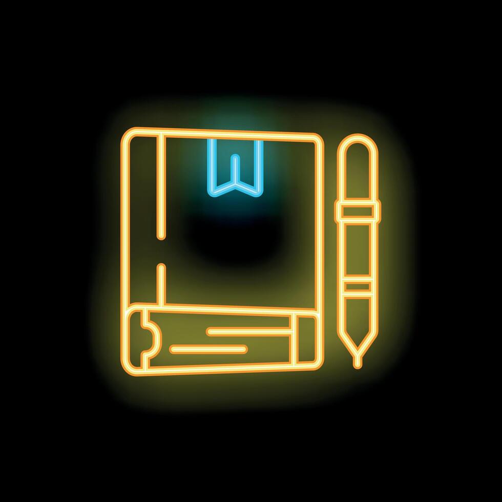 Neon sign depicting book and pen for writing and studying vector
