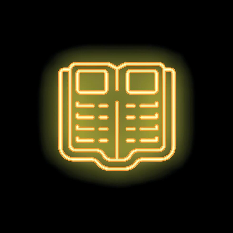 Yellow neon open book glowing on a black background vector