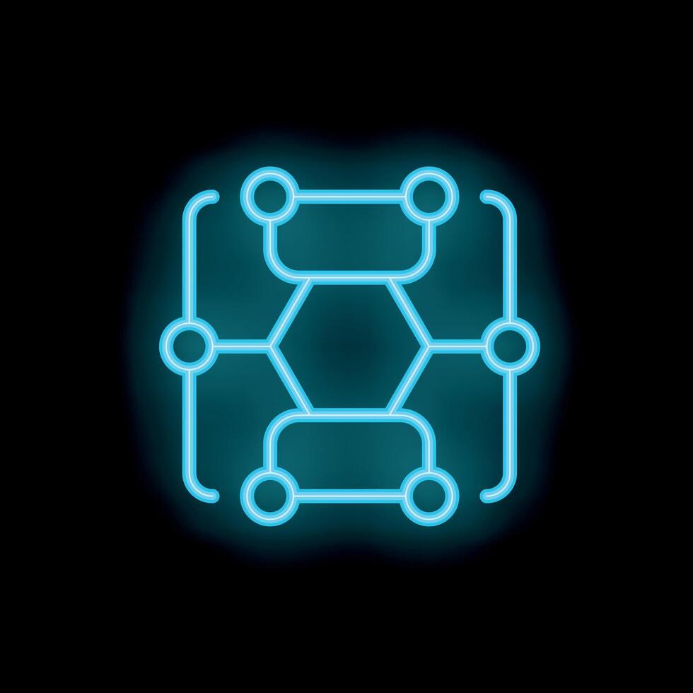 Neon blue blockchain technology icon glowing on black background vector