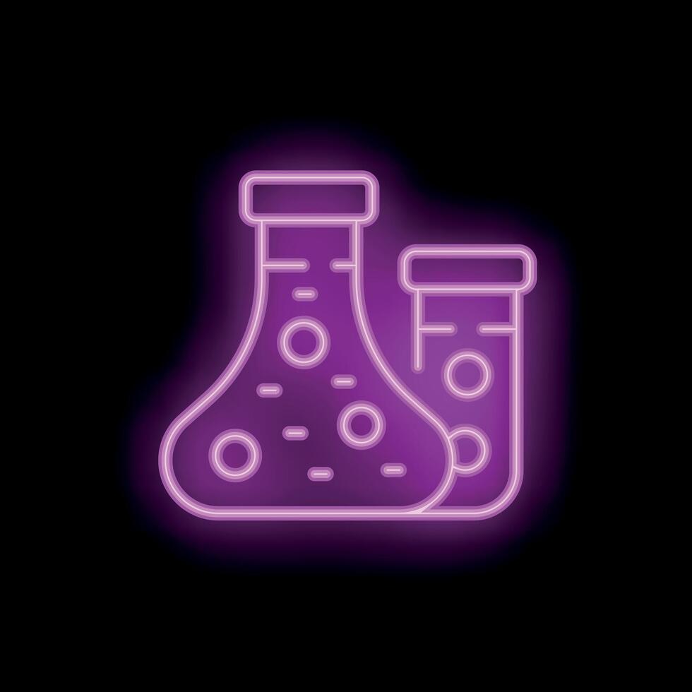 Neon sign representing chemical flasks with bubbling solution for science experiment vector