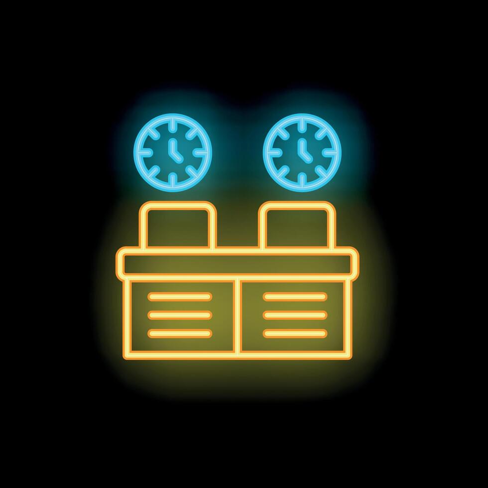 Neon sign representing working overtime with two clocks and two desks vector