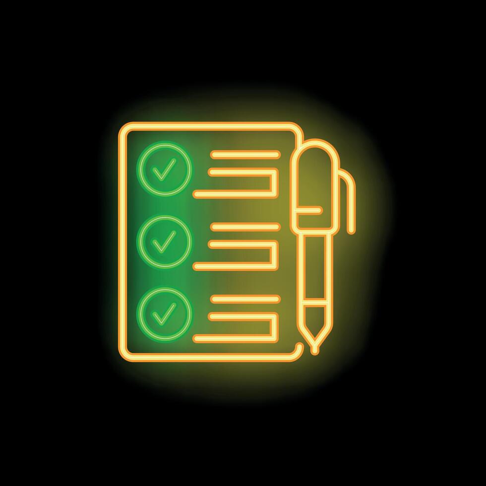 Neon sign glowing checklist with pen completing tasks icon vector