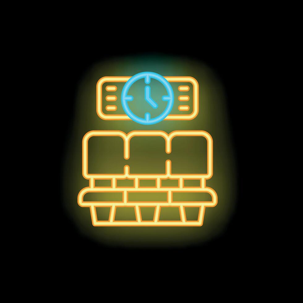 Neon waiting room sign with clock and chairs icon vector