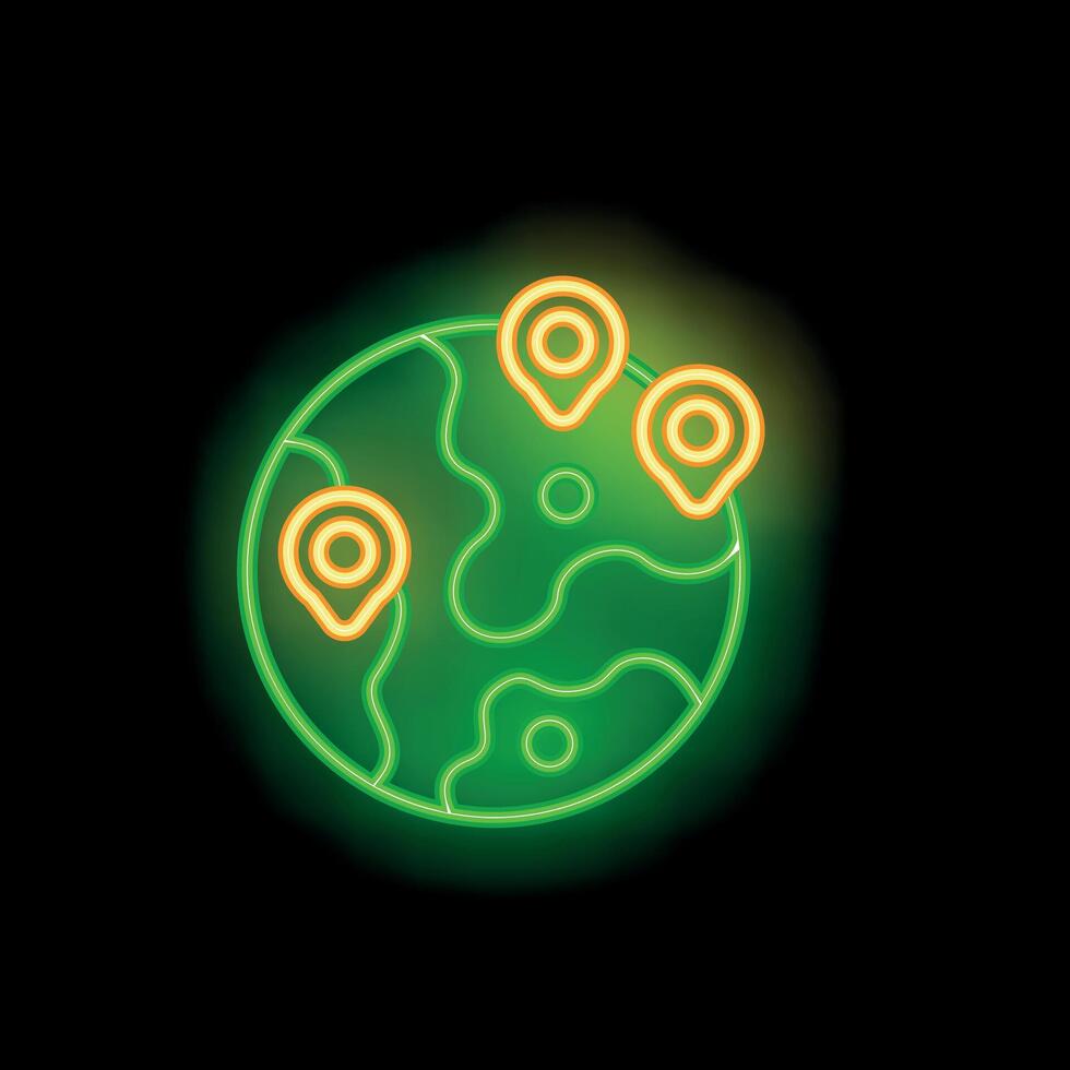 Neon green world globe showing location pins icon graphic on black background vector