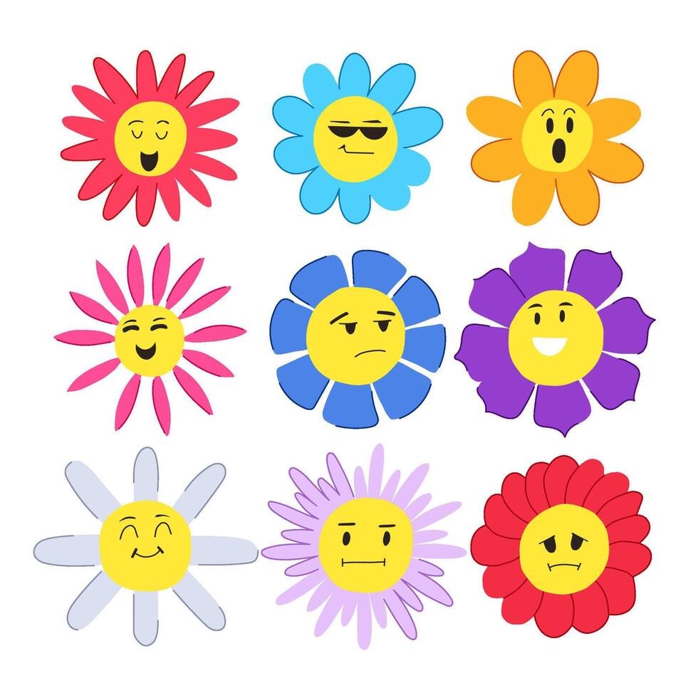 flower face set cartoon illustration vector