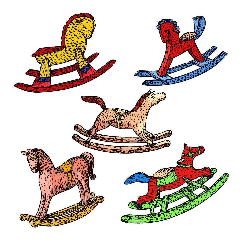 rocking horse set sketch hand drawn vector