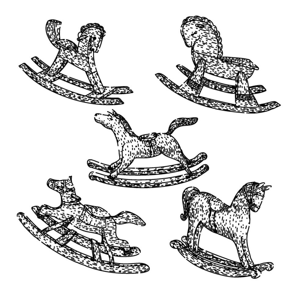 rocking horse set sketch hand drawn vector
