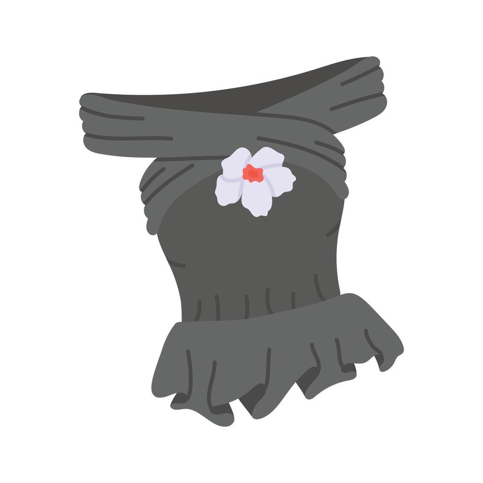 Sleeveless black crop top icon with a fringe hem and flower vector